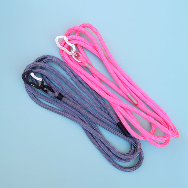 Two dog scent-work leashes, one pink and one gray, with metal carabiners and waxed thread ends for grip, displayed on a blue background.