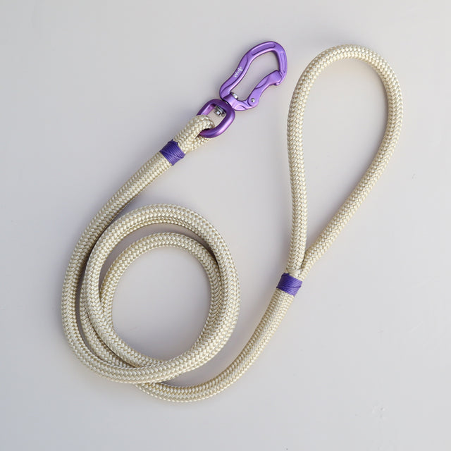 Handcrafted Lavender & Champagne Rope Dog Leash with ergonomic wrist loop and lightweight aluminum swivel clip, made in New Zealand.