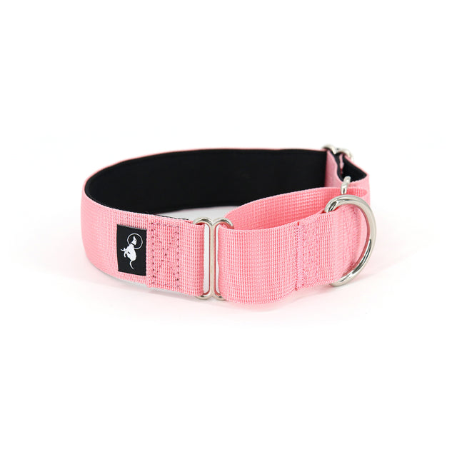 A rose pink martingale dog collar with a silver metal ring and a label showing the brand logo.